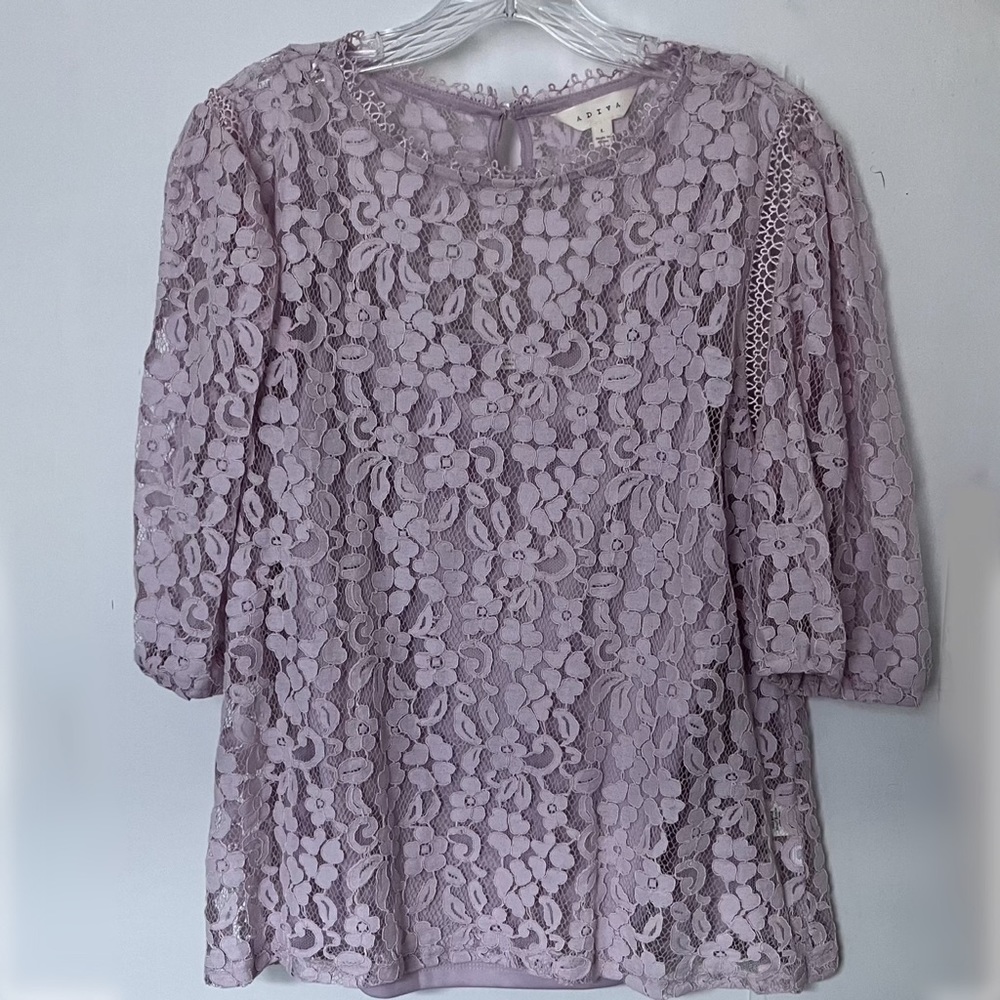 Adiva lilac mesh flowery lace blouse overlay with attached camisole top